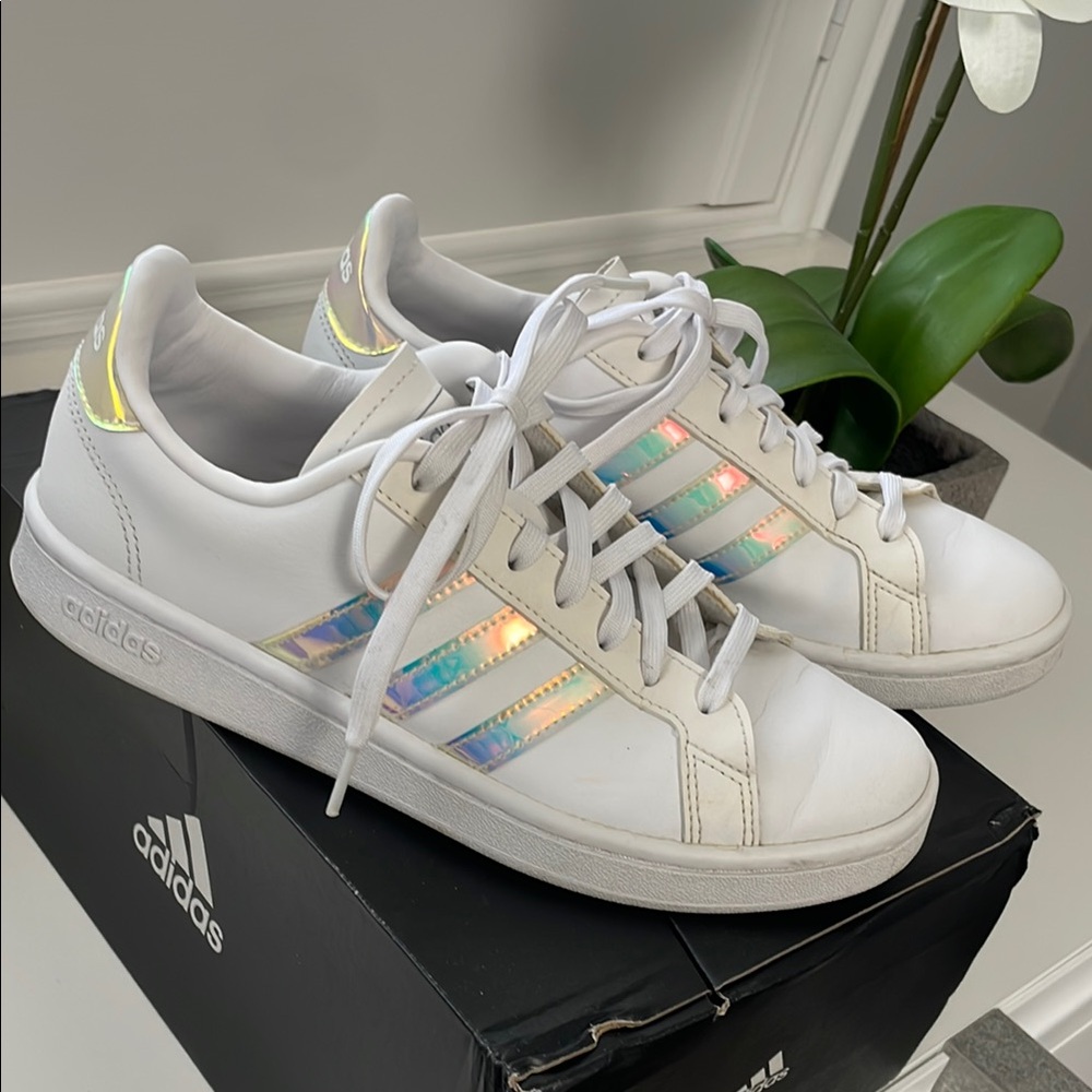 Adidas White Sneakers with Iridescent Stripes